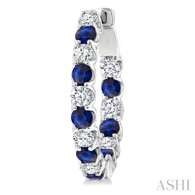 2.5 MM Sapphire and 1 Ctw Round Cut Inside-Out Diamond Precious Hoop Earrings in 14K White Gold