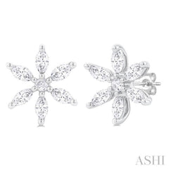 3/8 ctw Floral Motif Marquise and Round Cut Diamond Fashion Stud Earring in 14K White Gold