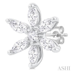 3/8 ctw Floral Motif Marquise and Round Cut Diamond Fashion Stud Earring in 14K White Gold