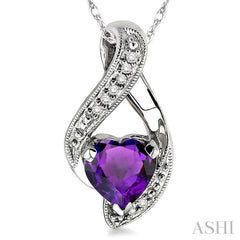 7 MM Heart Shape Amethyst and 1/20 ctw Single Cut Diamond Semi Precious Pendant in 14K White Gold with Chain