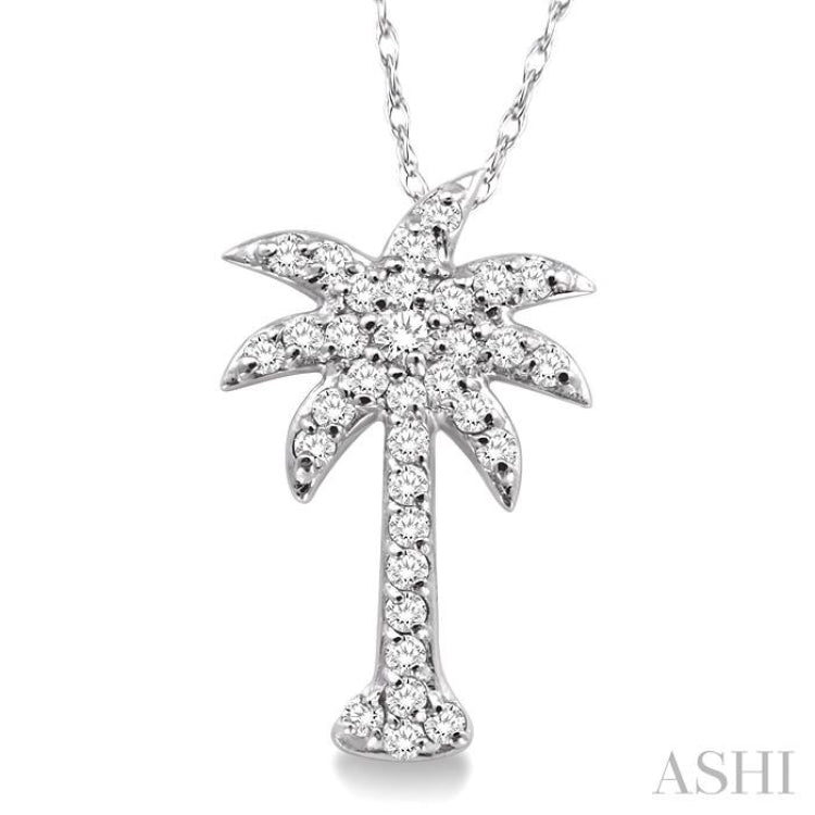 1/5 ctw Palm Tree Round Cut Diamond Pendant in 14K White Gold with Chain