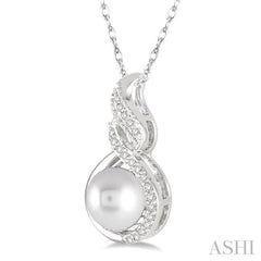 7 MM Round Shape Cultured Pearl and 1/20 ctw Round Cut Diamond Twisted Accented Pendant in 10K White Gold with chain