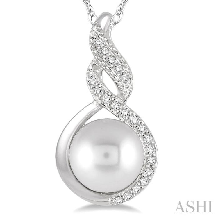7 MM Round Shape Cultured Pearl and 1/20 ctw Round Cut Diamond Twisted Accented Pendant in 10K White Gold with chain