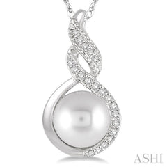 7 MM Round Shape Cultured Pearl and 1/20 ctw Round Cut Diamond Twisted Accented Pendant in 10K White Gold with chain