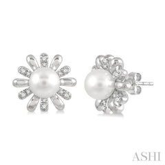 6 MM Round Shape Floral Cultured Pearls and 1/6 ctw Round Cut Diamond Earring in 10K White Gold