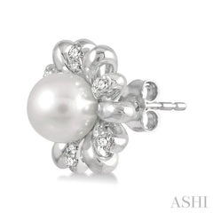 6 MM Round Shape Floral Cultured Pearls and 1/6 ctw Round Cut Diamond Earring in 10K White Gold