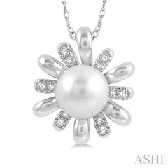 7 MM Round Shape Floral Cultured Pearl and 1/10 ctw Round Cut Diamond Pendant With Chain in 10K White Gold