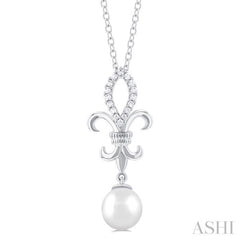 7 MM Round ShapeCultured Pearl and 1/10 ctw Fleur De Lis Round Cut Diamond Pendant With Chain in 10K White Gold