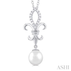7 MM Round ShapeCultured Pearl and 1/10 ctw Fleur De Lis Round Cut Diamond Pendant With Chain in 10K White Gold