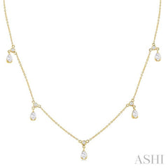 5/8 ctw Dangle Pear and Round Cut Diamond Station Necklace in 14K Yellow Gold