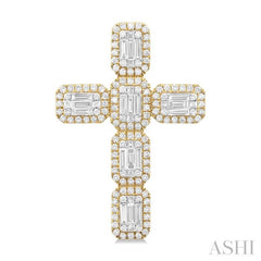 1 1/2 ctw Cross Fusion Baguette and Round Cut Diamond Fashion Pendant in 14K Yellow and White Gold