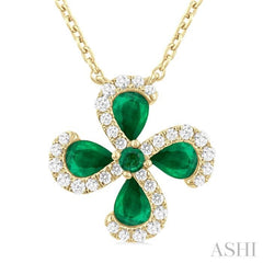 4x3 MM Pear Cut & 2 MM Round Cut Emerald and 1/6 ctw Round Cut Diamond Floral Shape Pendant With Chain in 14K Yellow Gold