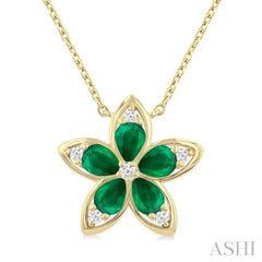 4x3 MM Pear Cut Emerald and 1/20 ctw Round Cut Diamond Floral Motif Pendant With Chain in 14K Yellow Gold