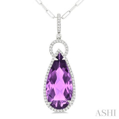 22X10 MM Pear Cut Amethyst and 1/3 ctw Round Cut Diamond Halo Semi Precious Pendant With Chain in 14K White Gold