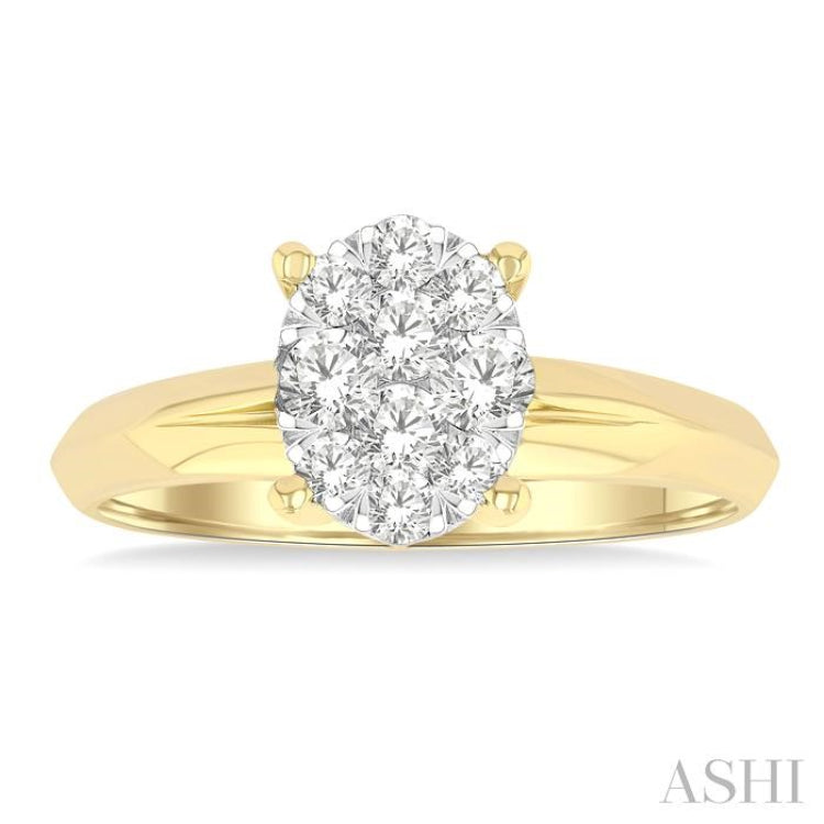 1/2 Ctw Knife Edge Shank Oval Shaped Lovebright Round Cut Diamond Ring in 14K Yellow and White Gold