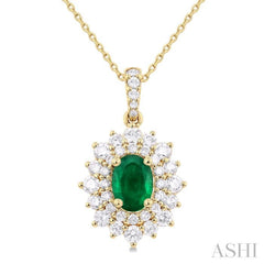 7x5 MM Oval Cut Emerald and 3/4 ctw Round Cut Diamond Precious Pendant With Chain in 14K Yellow Gold