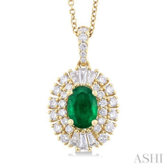 7x5 MM Oval Cut Emerald and 5/8 ctw Baguette & Round Cut Diamond Precious Pendant With Chain in 14K Yellow Gold
