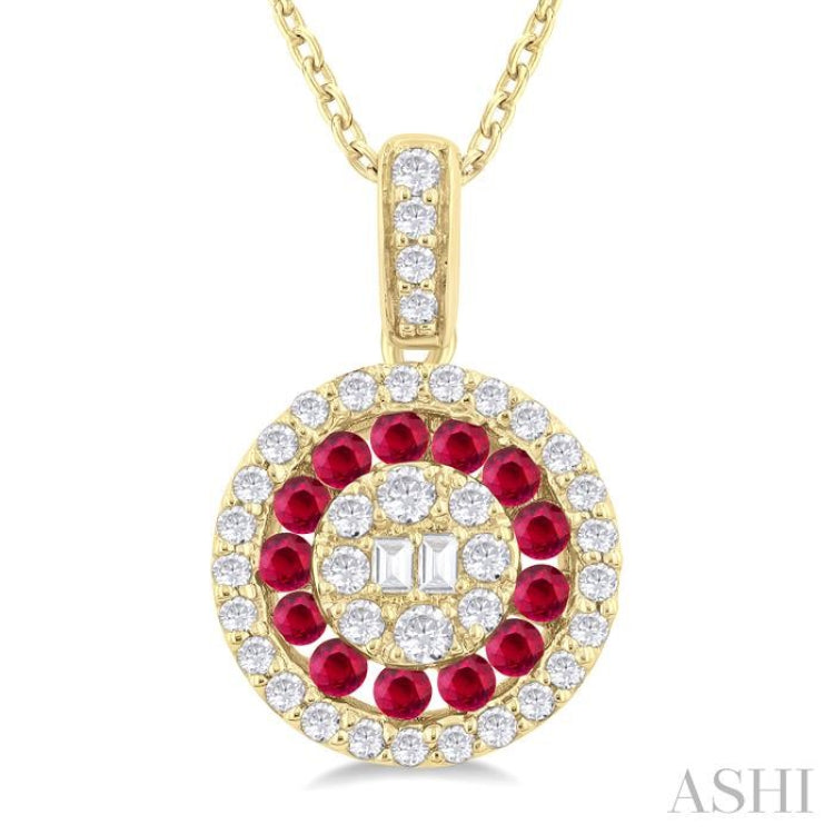 1.35 MM Round Shape Ruby and 1/4 ctw Baguette and Round Cut Diamond Precious Pendant With Chain in 14K Yellow Gold