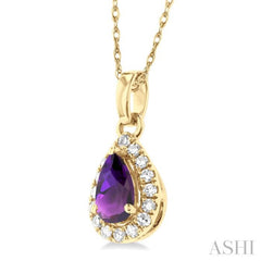 5x3 MM Pear Shape Amethyst and 1/20 ctw Single Cut Diamond Halo Semi Precious Pendant with Chain in 14K Yellow Gold