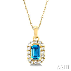 5x3 MM Octagonal Shape Blue Topaz and 1/20 ctw Single Cut Diamond Halo Semi Precious Pendant with Chain in 14K Yellow Gold