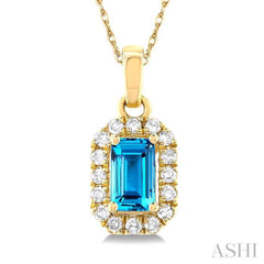 5x3 MM Octagonal Shape Blue Topaz and 1/20 ctw Single Cut Diamond Halo Semi Precious Pendant with Chain in 14K Yellow Gold