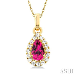 5x3 MM Pear Shape Pink Tourmaline and 1/20 ctw Single Cut Diamond Halo Semi Precious Pendant with Chain in 14K Yellow Gold