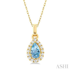 5x3 MM Pear Shape Aquamarine and 1/20 ctw Single Cut Diamond Halo Semi Precious Pendant with Chain in 10K Yellow Gold