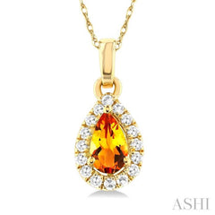 5x3 MM Pear Shape Citrine and 1/20 ctw Single Cut Diamond Halo Semi Precious Pendant with Chain in 10K Yellow Gold