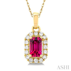 5x3 MM Octagonal Shape Pink Tourmaline and 1/20 ctw Single Cut Diamond Halo Semi Precious Pendant with Chain in 10K Yellow Gold