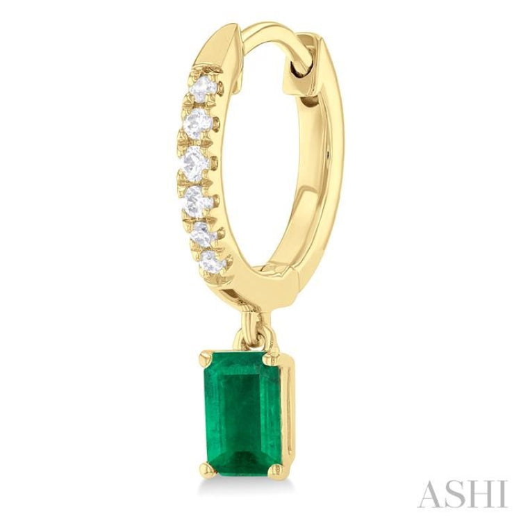 5x3 MM Emerald Cut Emerald and 1/8 Ctw Round Cut Diamond Precious Petite Fashion Huggies in 10K Yellow Gold