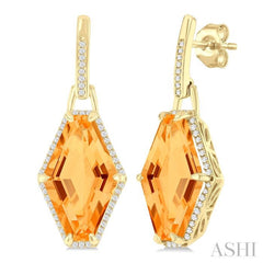 16x10 MM Hexagon Shape Citrine and 1/4 ctw Round Cut Diamond Halo Semi Precious Earrings in 14K Yellow Gold