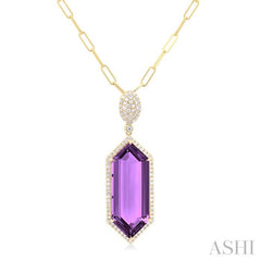 26x10 MM Hexagon Shape Amethyst and 1/2 ctw Round Cut Diamond Halo Semi-Precious Pendant With Chain in 14K Yellow Gold