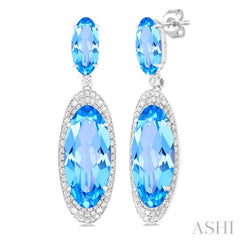 18x8 MM & 10x5 MM Oval Cut Blue Topaz and 3/4 ctw Round Cut Diamond Halo Semi Precious Earrings in 14K White Gold