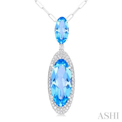 18x8 MM & 10x5 MM Oval Cut Blue Topaz and 1/3 ctw Round Cut Diamond Halo Semi Precious Pendant With Chain in 14K White Gold
