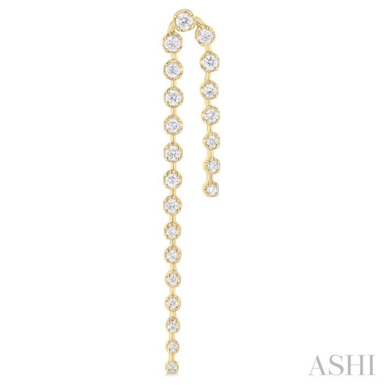 1 ctw Round Cut Diamond Asymmetrical Twin Row Fashion Long Earrings in 14K Yellow Gold