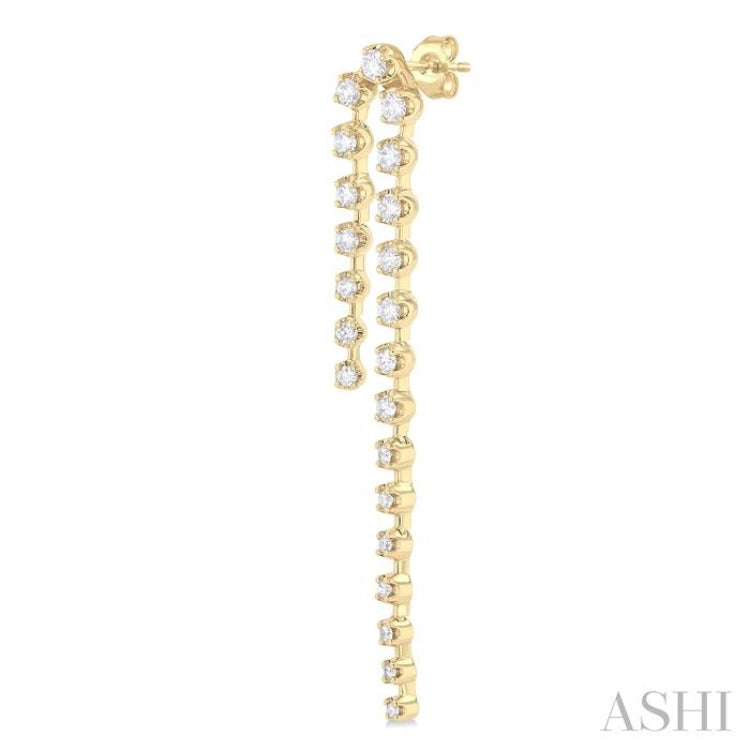 1 ctw Round Cut Diamond Asymmetrical Twin Row Fashion Long Earrings in 14K Yellow Gold