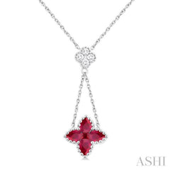 4x3 MM Pear Cut & 2.1 MM Princess Cut Ruby and 1/10 ctw Round Cut Diamond Floral Blossom Precious Necklace in 14K White Gold